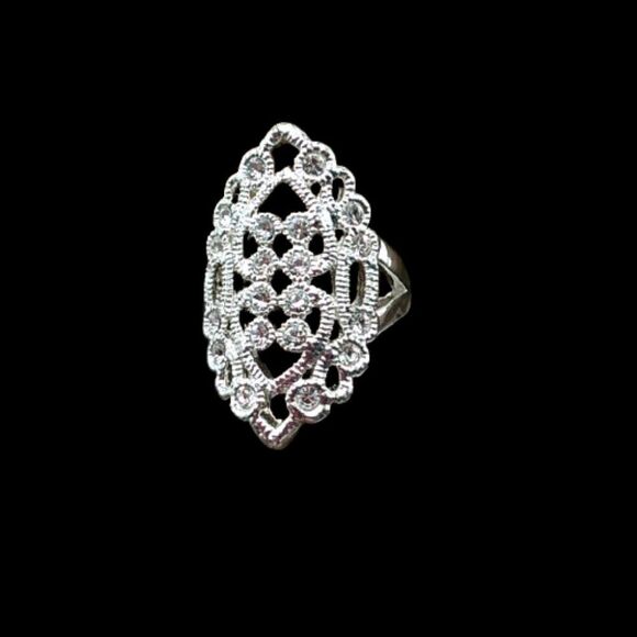 Vintage Silver-tone Rhinestone Filigree Ring Size 7.25 - Picture 5 of 15